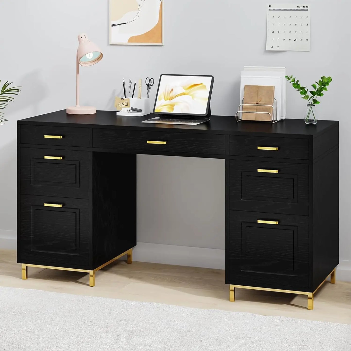White and Gold Desk with 2 File Drawers, 57 Inch Office Computer Desk with 7 Drawers, White Desk with Storage,Customized