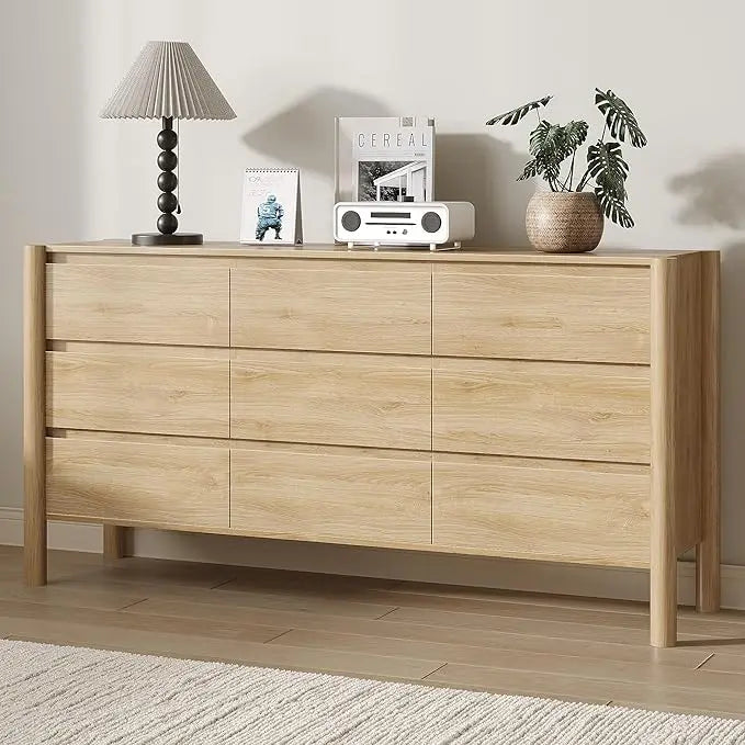 63" Wide 9-Drawer Dresser, Mid-Century Modern Walnut Chest with Solid Wood Legs, Large Storage Organizer
