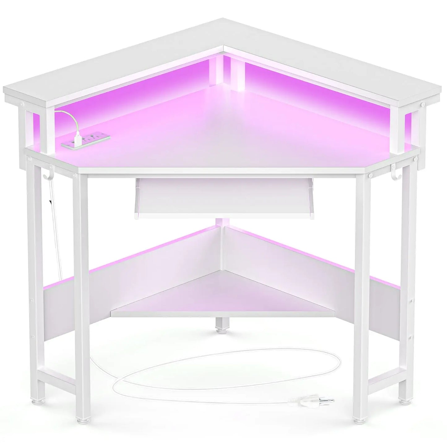 JHK Corner Desk Office Computer Desk for Small Space with LED Lights Gaming Table with Storage Shelves Power Outlets For Home