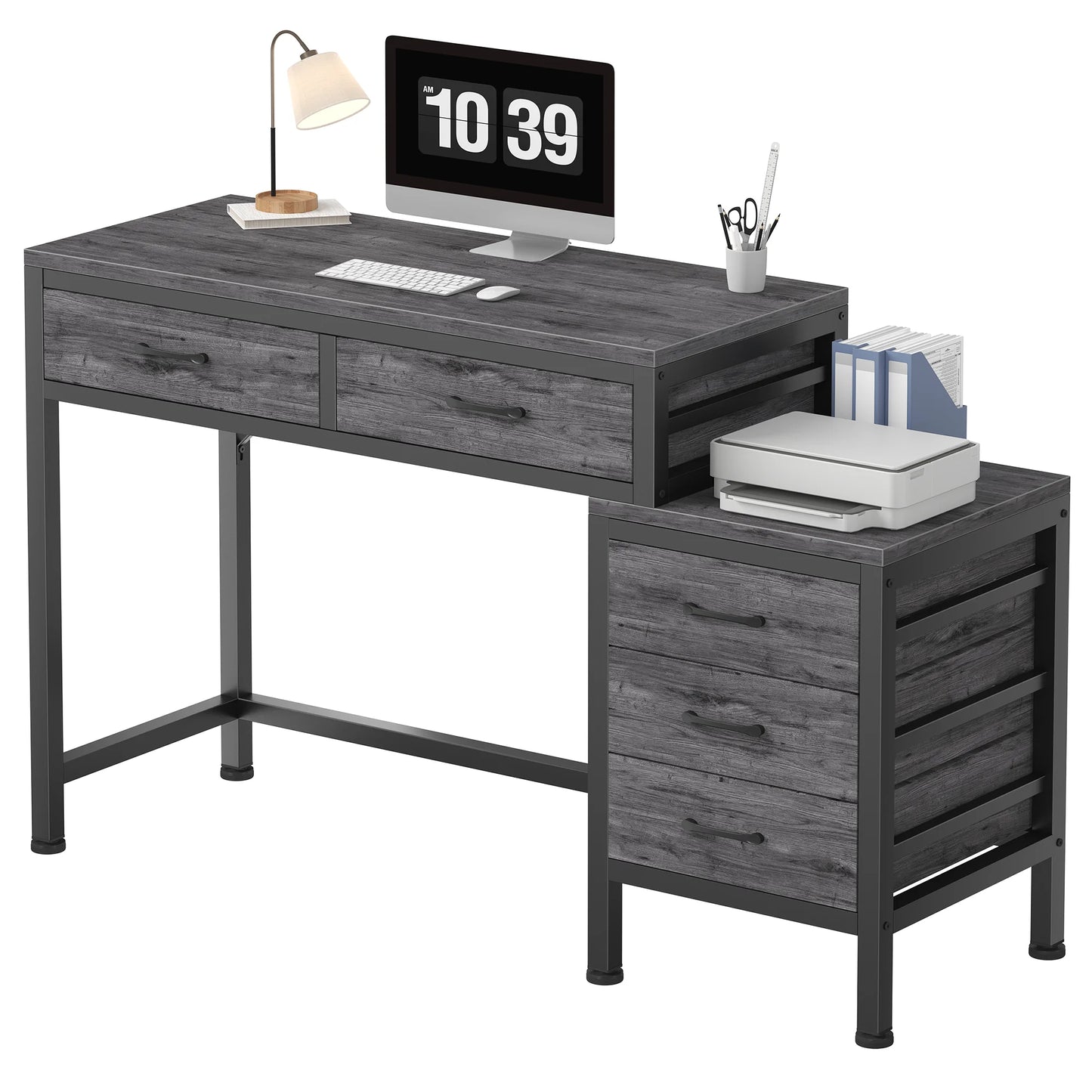 JHK 51IN Computer Desk with 5 Drawers Small Office Desk Computer Table with Printer Stand and Storage for Studying Writing