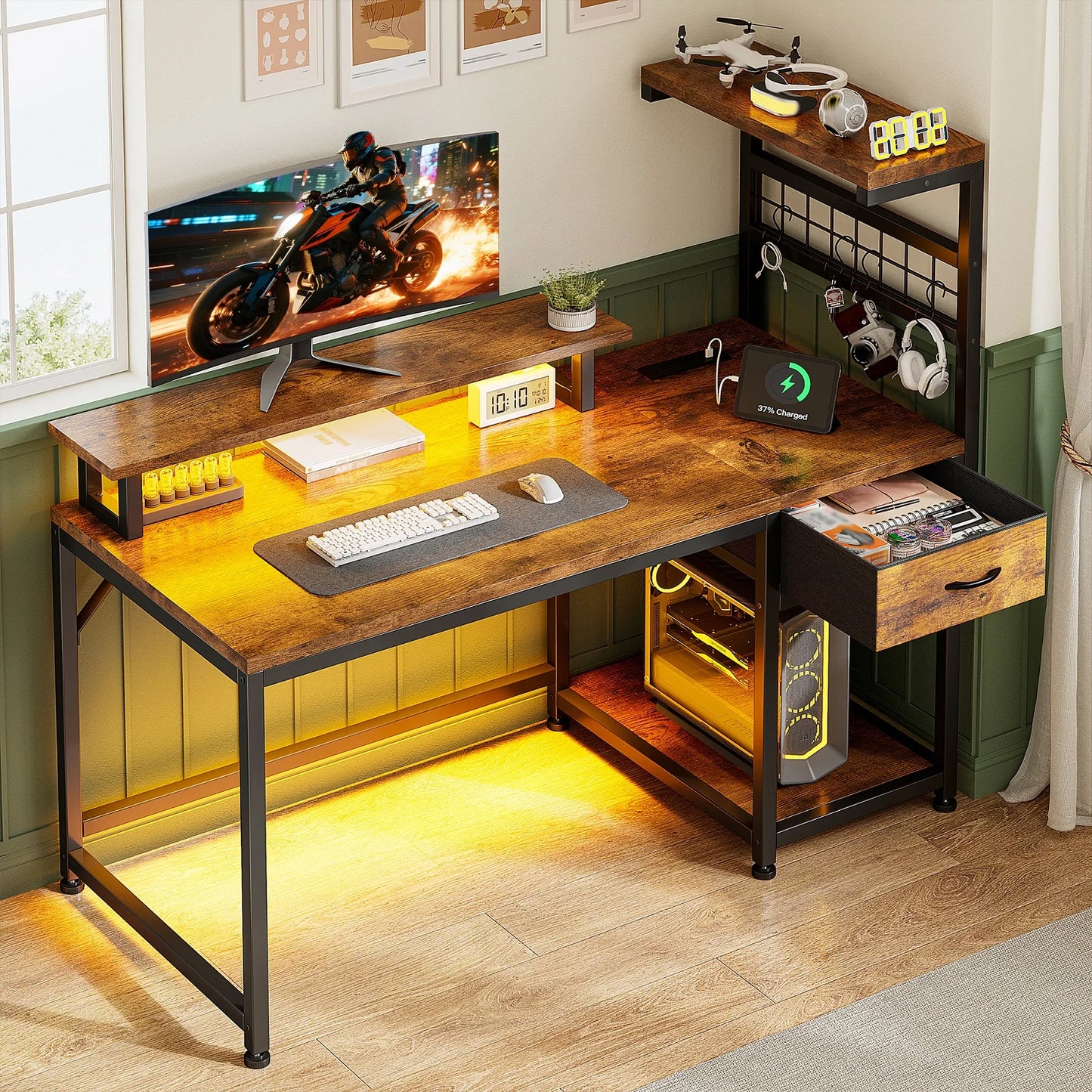 EnHomee 40"Gaming Computer Desk with Power Outlets RGB LED Lights Office Desk with Drawer Storage Shelves Monitor Stand For Small Space