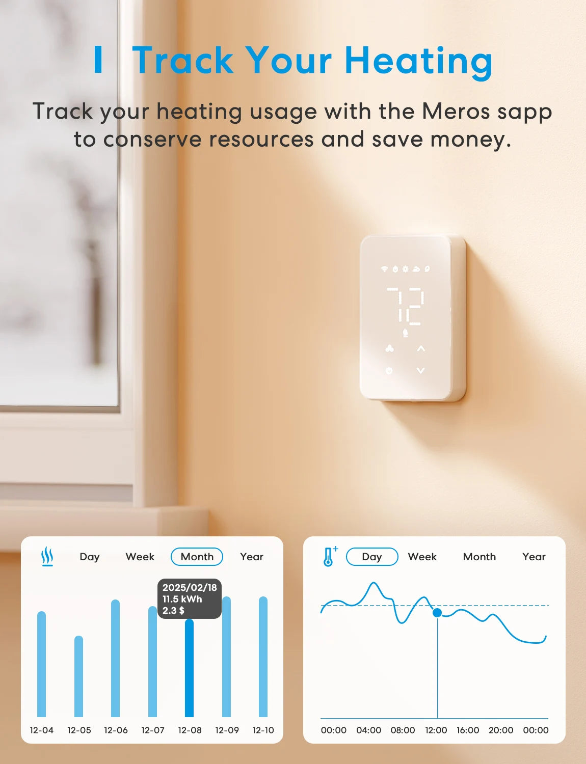 Meross Smart Matter Thermostat MTS215 US for Electric Baseboard Heater Energy Monitor Supported Wifi Heating Thermostat