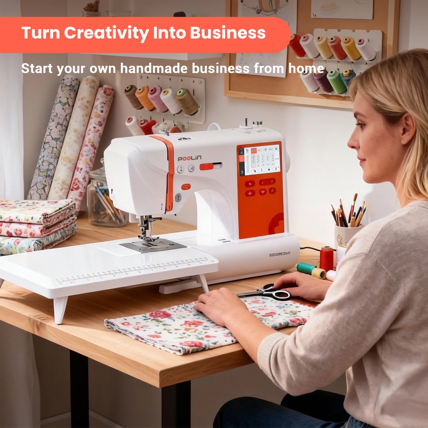 POOLIN EOC03 2-in-1 Embroidery Sewing Machine, Computerized Home Machine for Beginners with Starter Kit