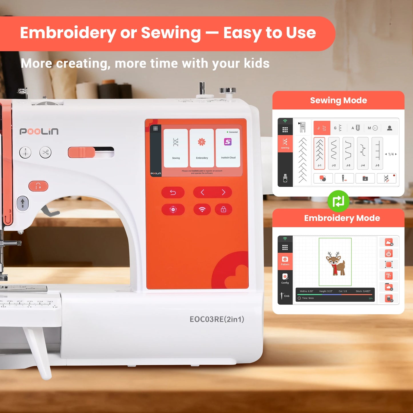 POOLIN EOC03 2-in-1 Embroidery Sewing Machine, Computerized Home Machine for Beginners with Starter Kit