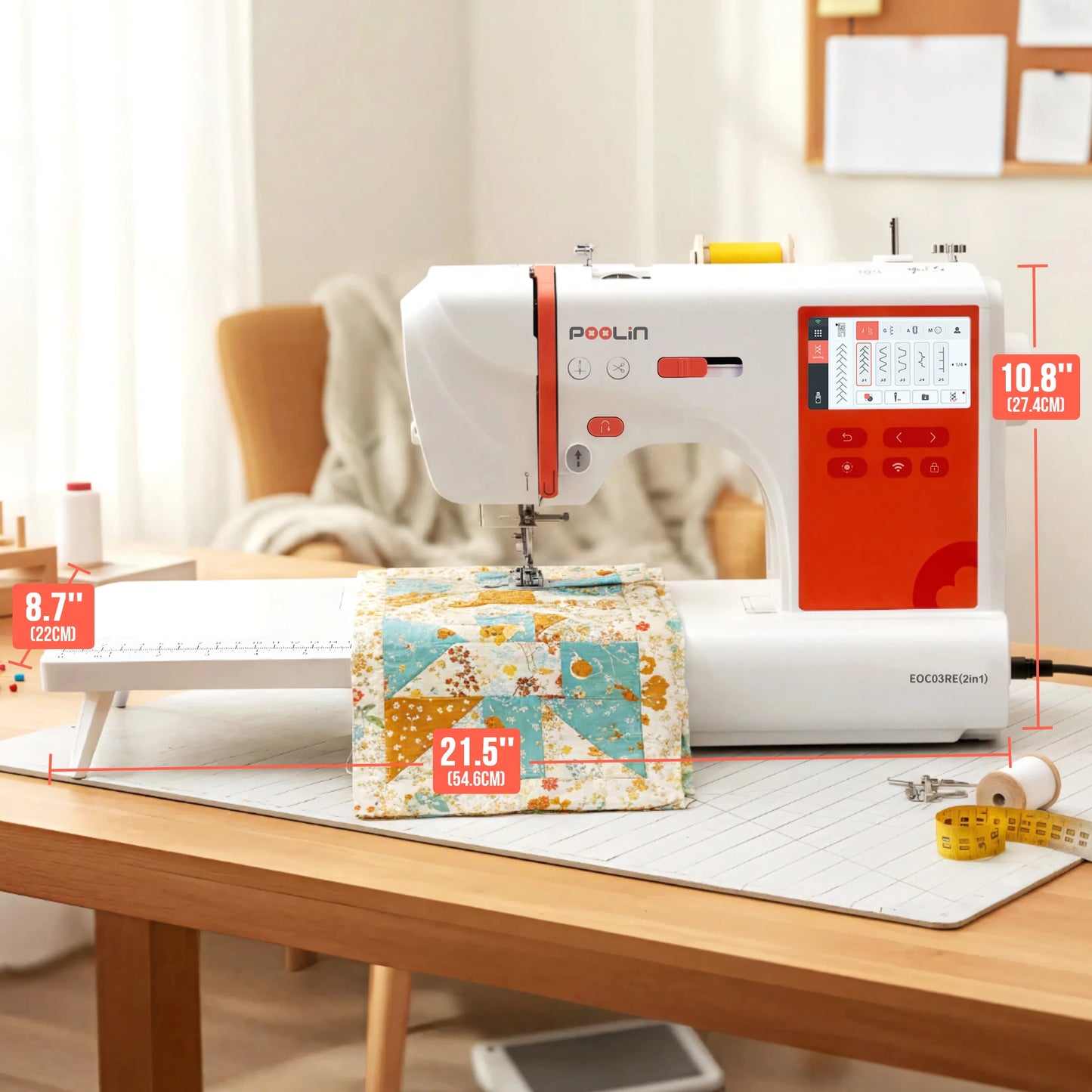 POOLIN EOC03 2-in-1 Embroidery Sewing Machine, Computerized Home Machine for Beginners with Starter Kit