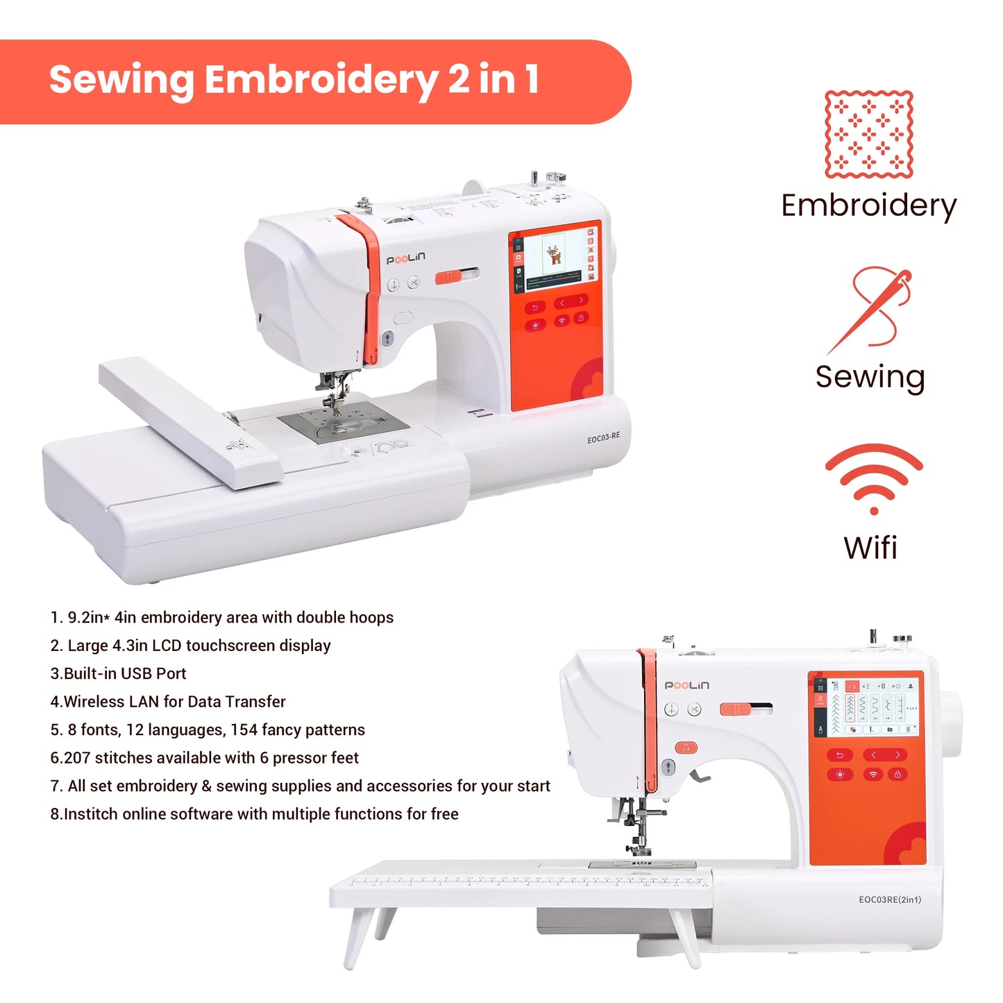 POOLIN EOC03 2-in-1 Embroidery Sewing Machine, Computerized Home Machine for Beginners with Starter Kit