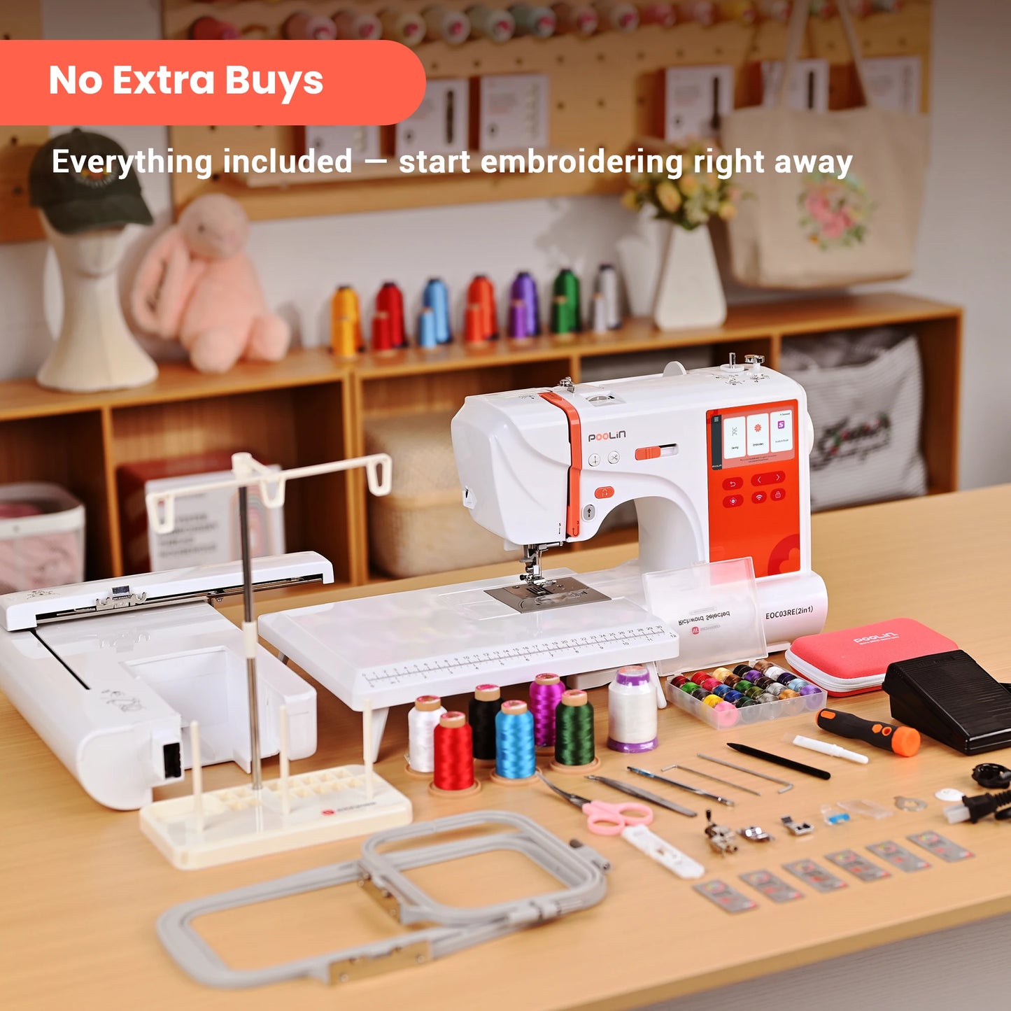 POOLIN EOC03 2-in-1 Embroidery Sewing Machine, Computerized Home Machine for Beginners with Starter Kit