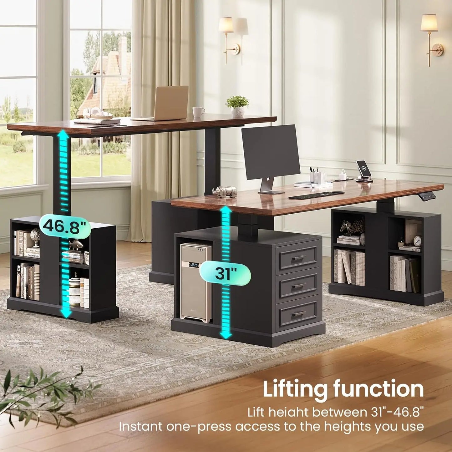 Farmhouse Electric Standing Desk, 63" Height Adjustable Computer Desk with 3 Drawers, Storage Shelves, Power Outlets, Wood Home