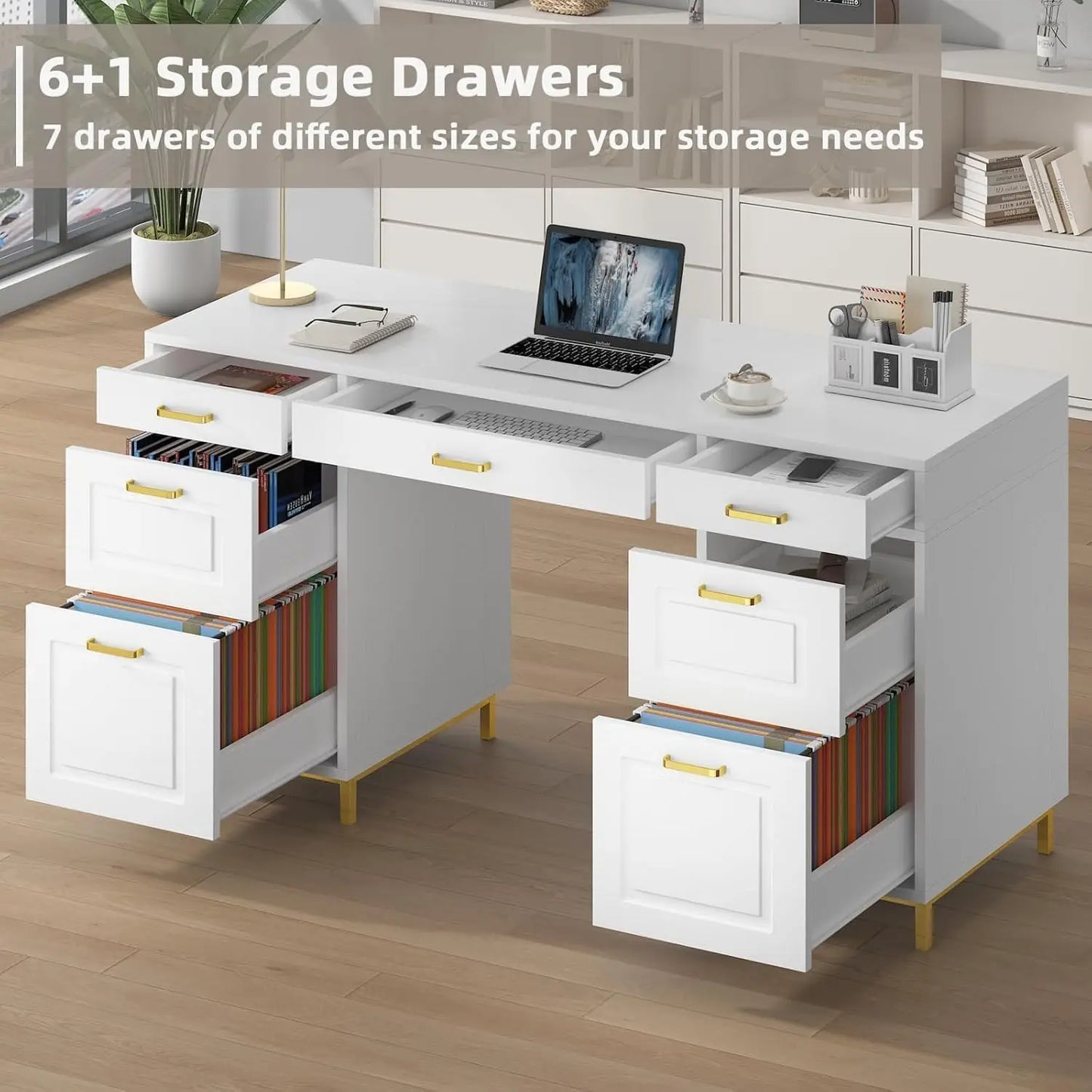 White and Gold Desk with 2 File Drawers, 57 Inch Office Computer Desk with 7 Drawers, White Desk with Storage,Customized