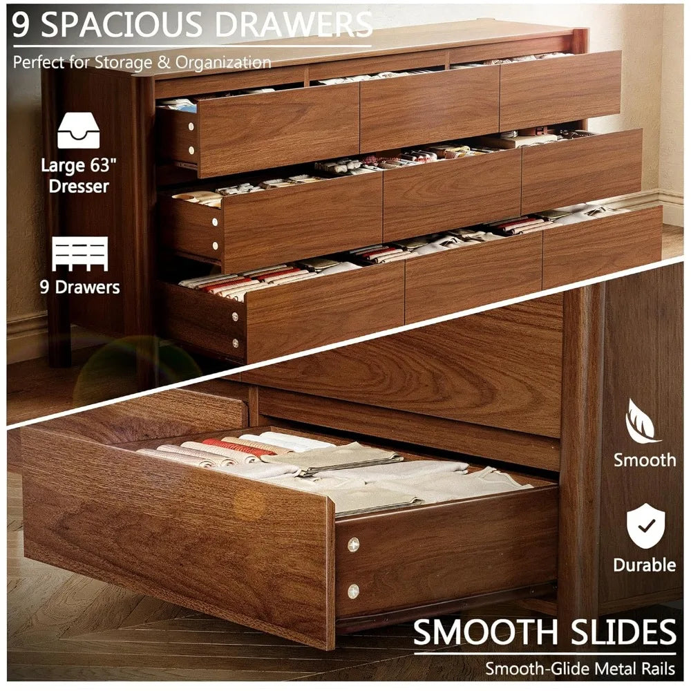 63" Wide 9-Drawer Dresser, Mid-Century Modern Walnut Chest with Solid Wood Legs, Large Storage Organizer