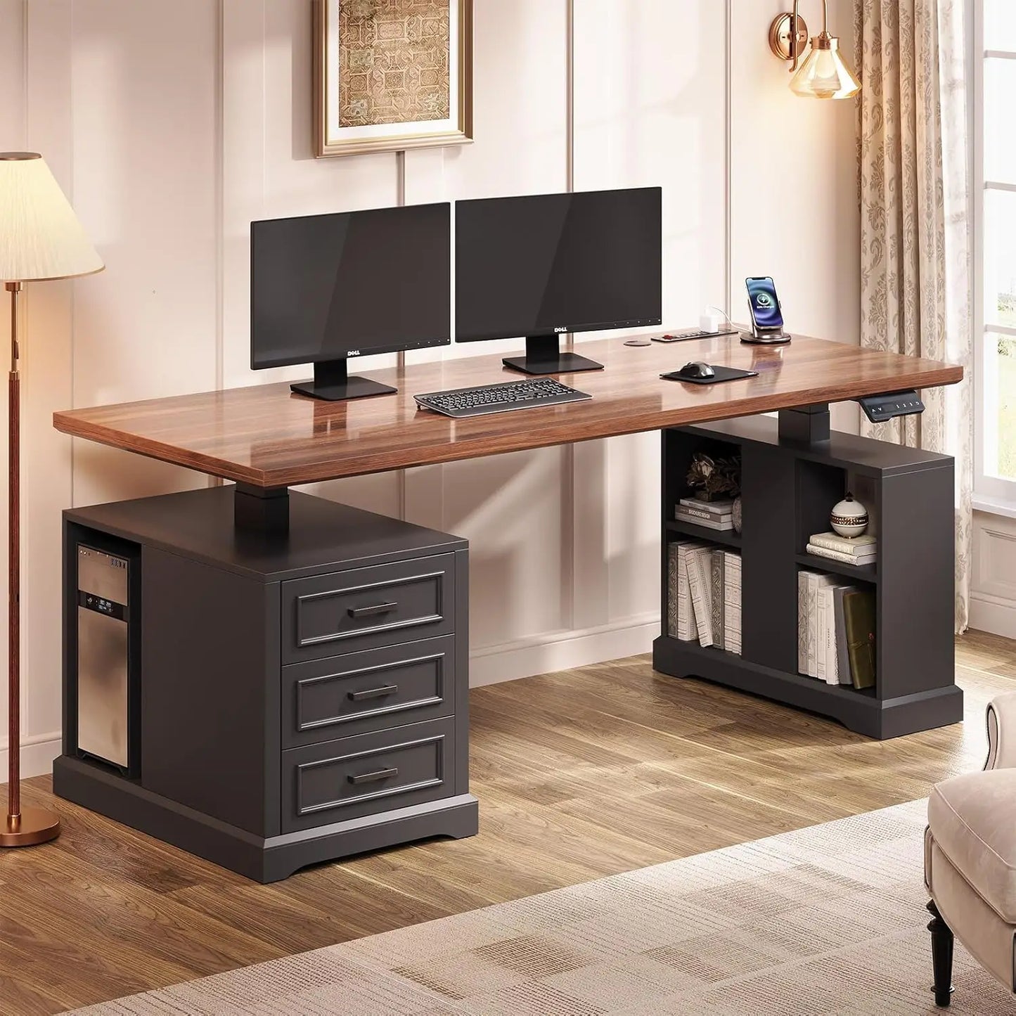 Farmhouse Electric Standing Desk, 63" Height Adjustable Computer Desk with 3 Drawers, Storage Shelves, Power Outlets, Wood Home