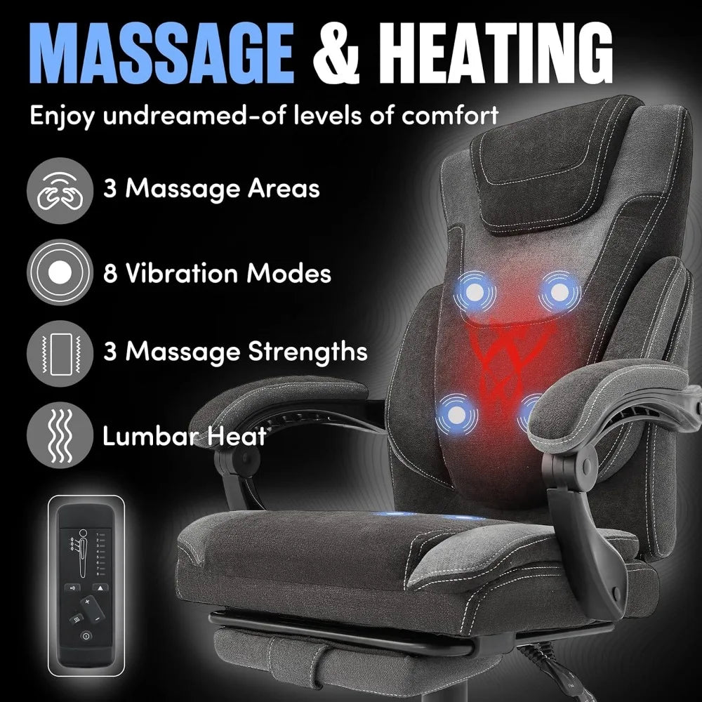 Massage Office Chair with Footrest,6-Point Vibration & Heat Executive Office Chairs,Big and Tall Fabric Office Chair 500LBS,Ergo