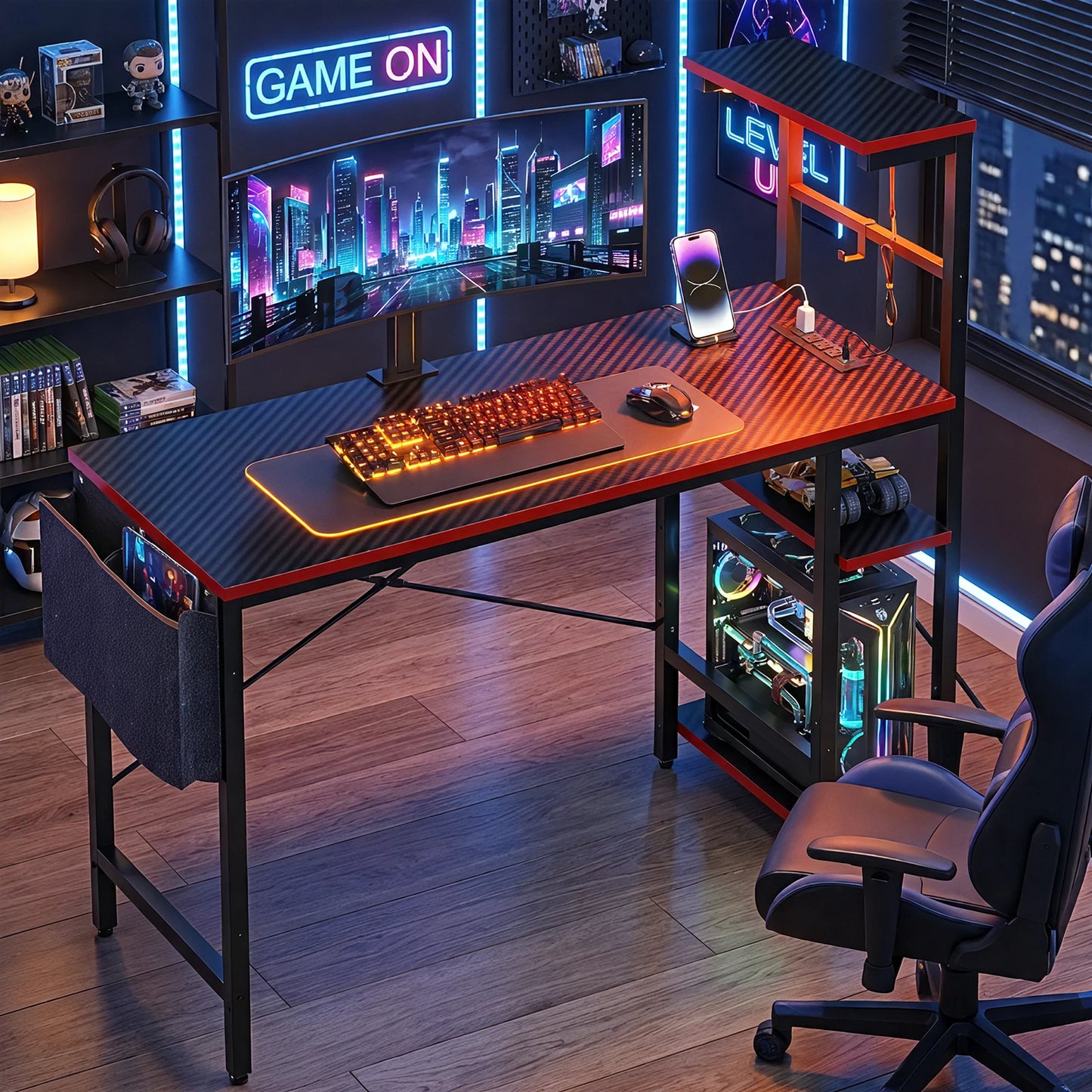 NOST&HOST 44 Inch LED Gaming Computer Desk for Small Spaces, Home Office Desk with Reversible Shelves & Side Bag, Black 3D Carbon Fiber