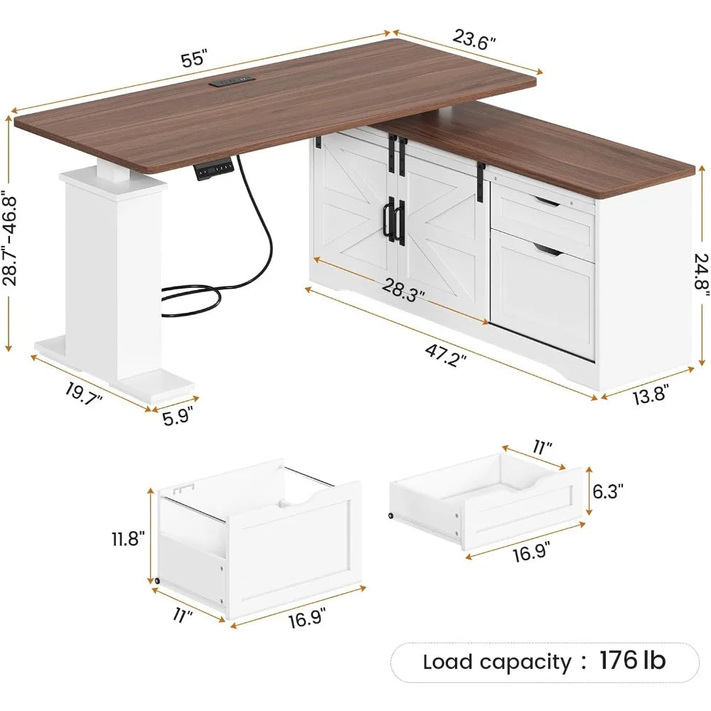 Farmhouse L Shaped Standing Desk, 55 inch Height Adjustable Corner Desk with Storage Drawers, Standing Computer Desks with