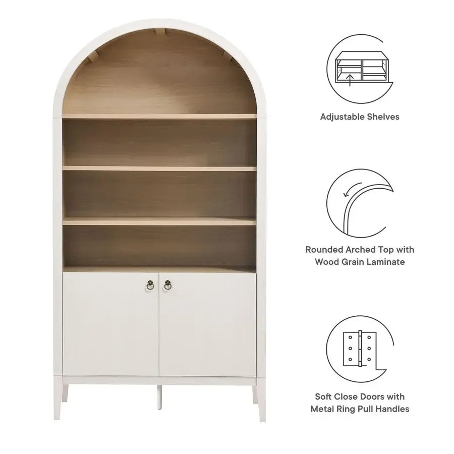Nolan Tall Arched Storage Display Cabinet in Ivory 74 Inch Arch Bookshelf with Open and Closed Shelving Modern Accent Cabinet f