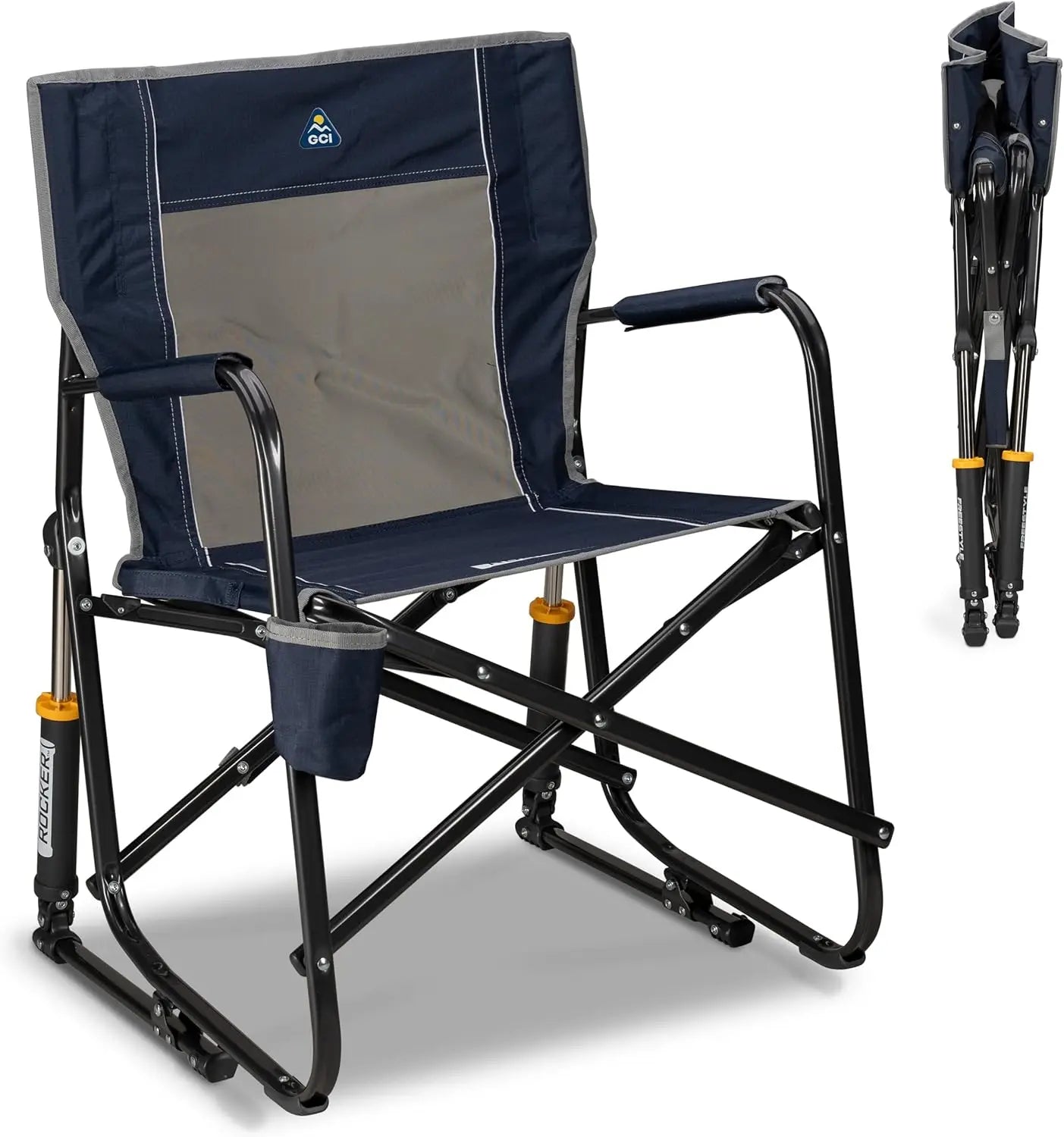 Portable Folding Rocking Chair with Armrests, Drink Holder & Comfortable Backrest - Indigo Blue