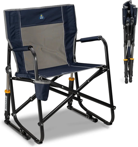 Portable Folding Rocking Chair with Armrests, Drink Holder & Comfortable Backrest - Indigo Blue