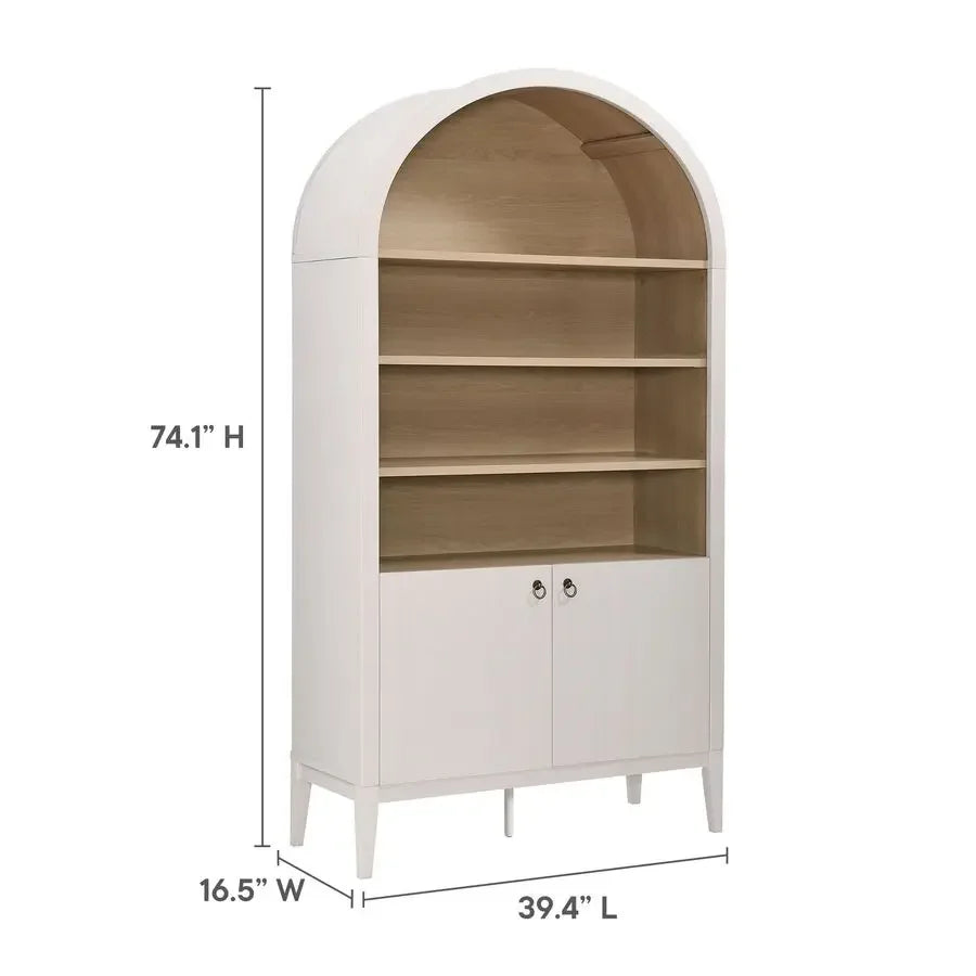 Nolan Tall Arched Storage Display Cabinet in Ivory 74 Inch Arch Bookshelf with Open and Closed Shelving Modern Accent Cabinet f
