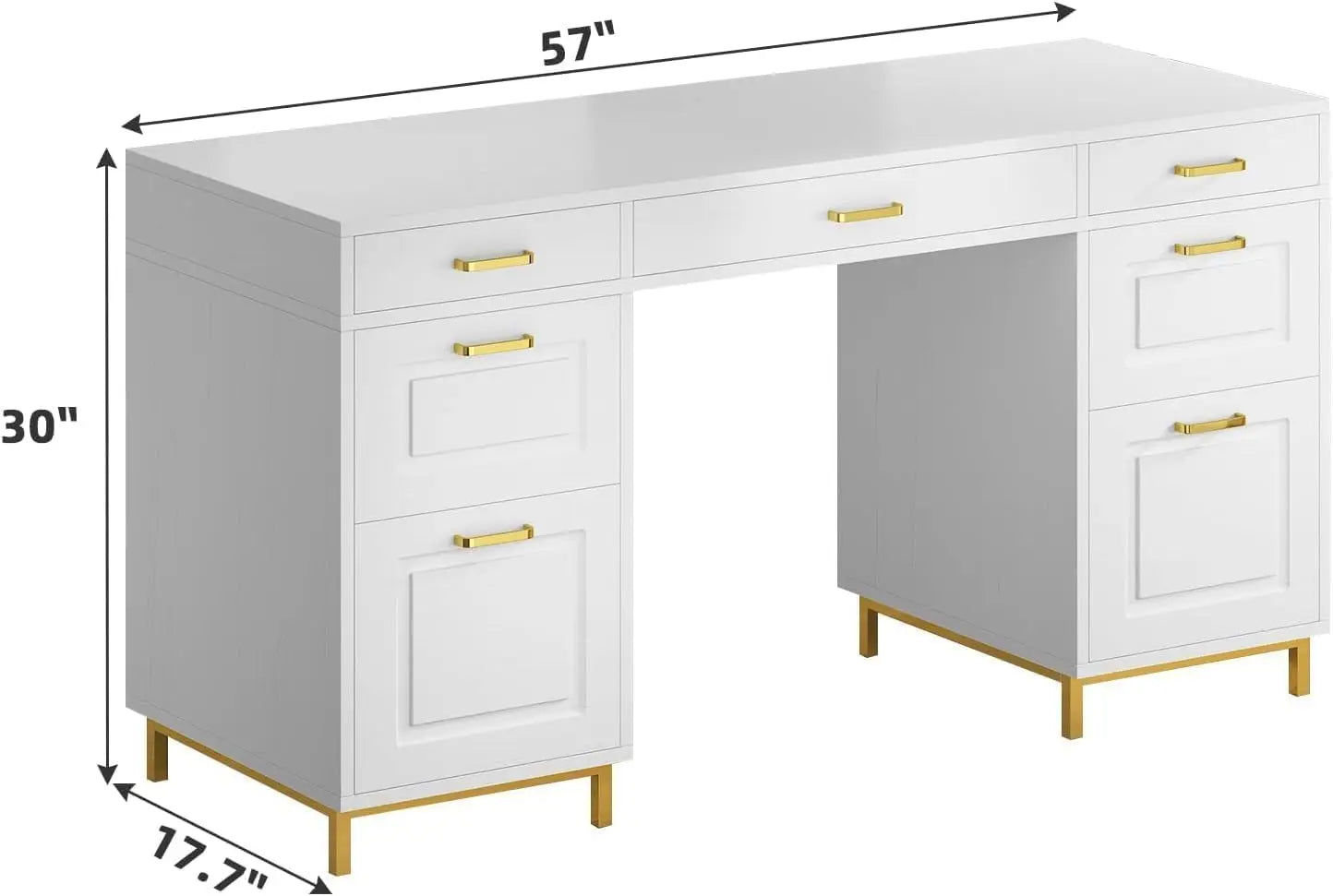 White and Gold Desk with 2 File Drawers, 57 Inch Office Computer Desk with 7 Drawers, White Desk with Storage,Customized