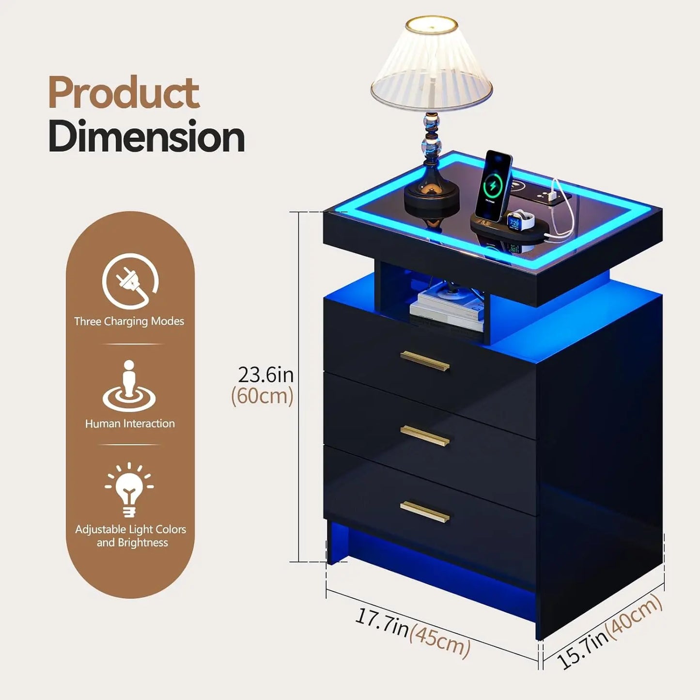 Black Night Stand Set 2 with Wireless Charging Station,Smart Bedside Table with 3 Drawers,Modern Glass Top End Side, Customized