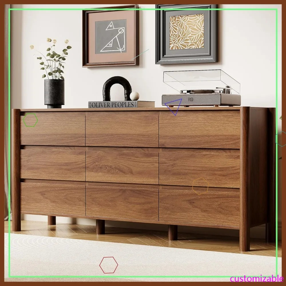 63" Wide 9-Drawer Dresser, Mid-Century Modern Walnut Chest with Solid Wood Legs, Large Storage Organizer