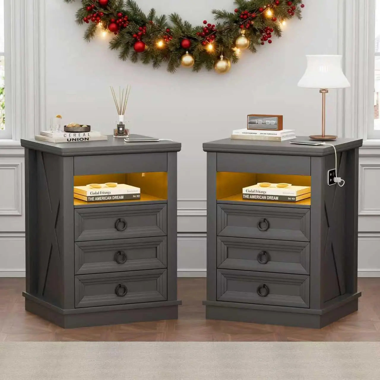 Farmhouse Nightstand Set 2 with Gun Drawer,Bedside Table with Charging Station and Human Body Senor,3 LED Lights, Customized