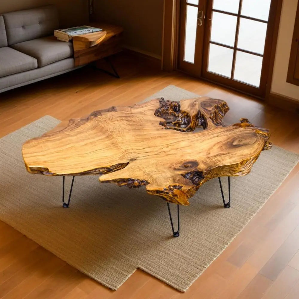 Handcrated Edge Coee Table | Natural Wood with Unique Organic Shape | Metal Hairpin Legs or Living Room, Side Table & Boho Decor
