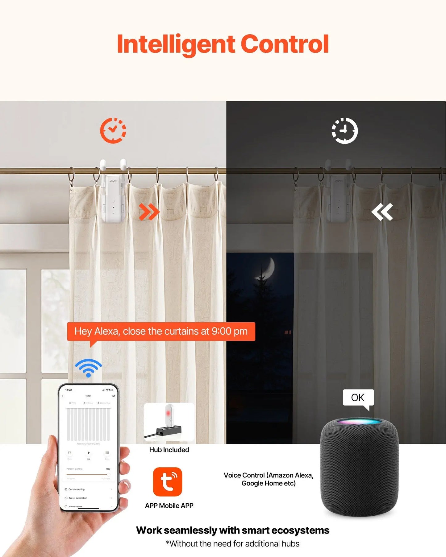 Smart Curtain Opener Automatic Motorized Curtain Rod with Hub,Remote and App Control Electric Curtain Opener with Silent Mode
