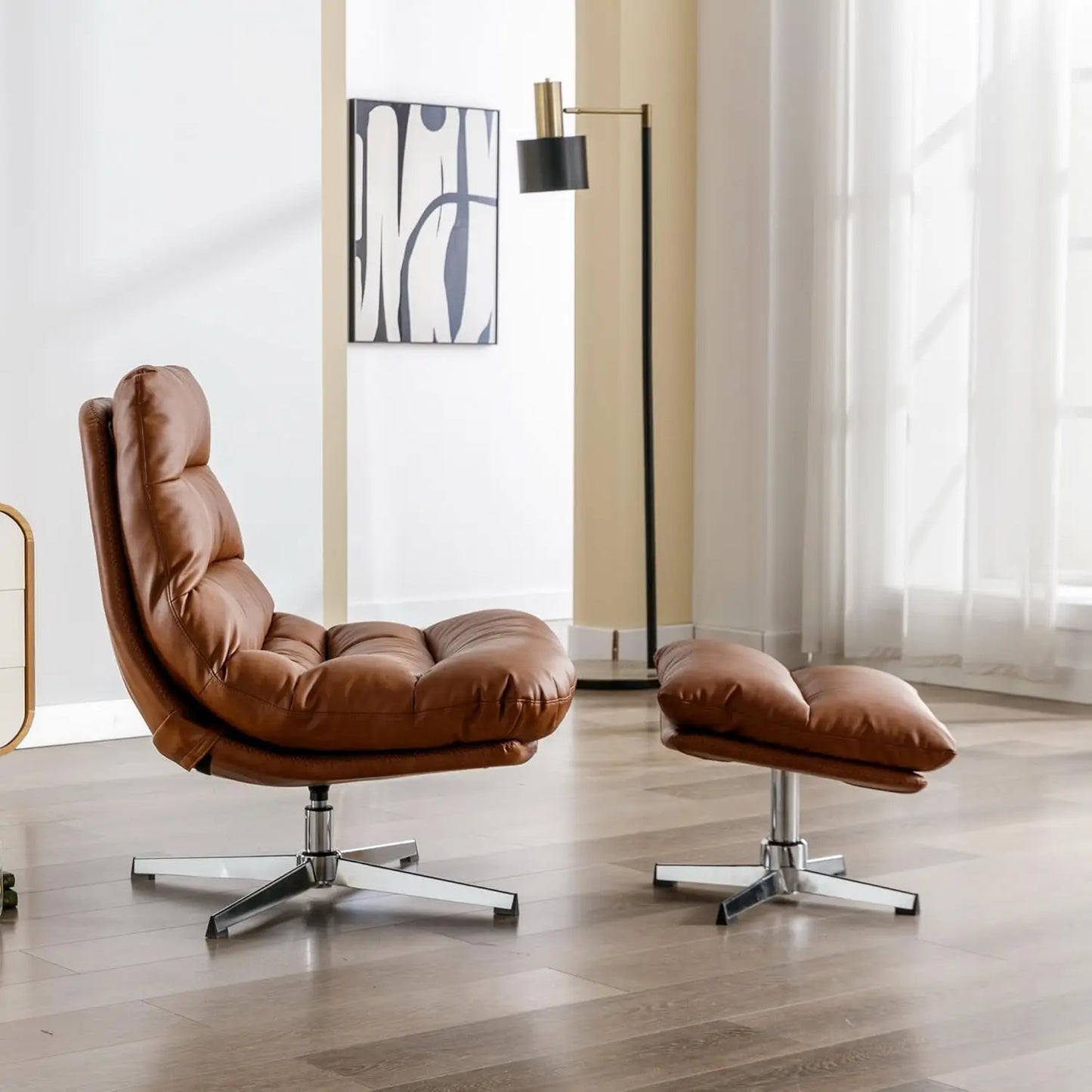 Swivel Accent Chair with Ottoman, Mid Century Modern Faux Leather Lounge Chair with footrest, Comfy Oversized, Customized