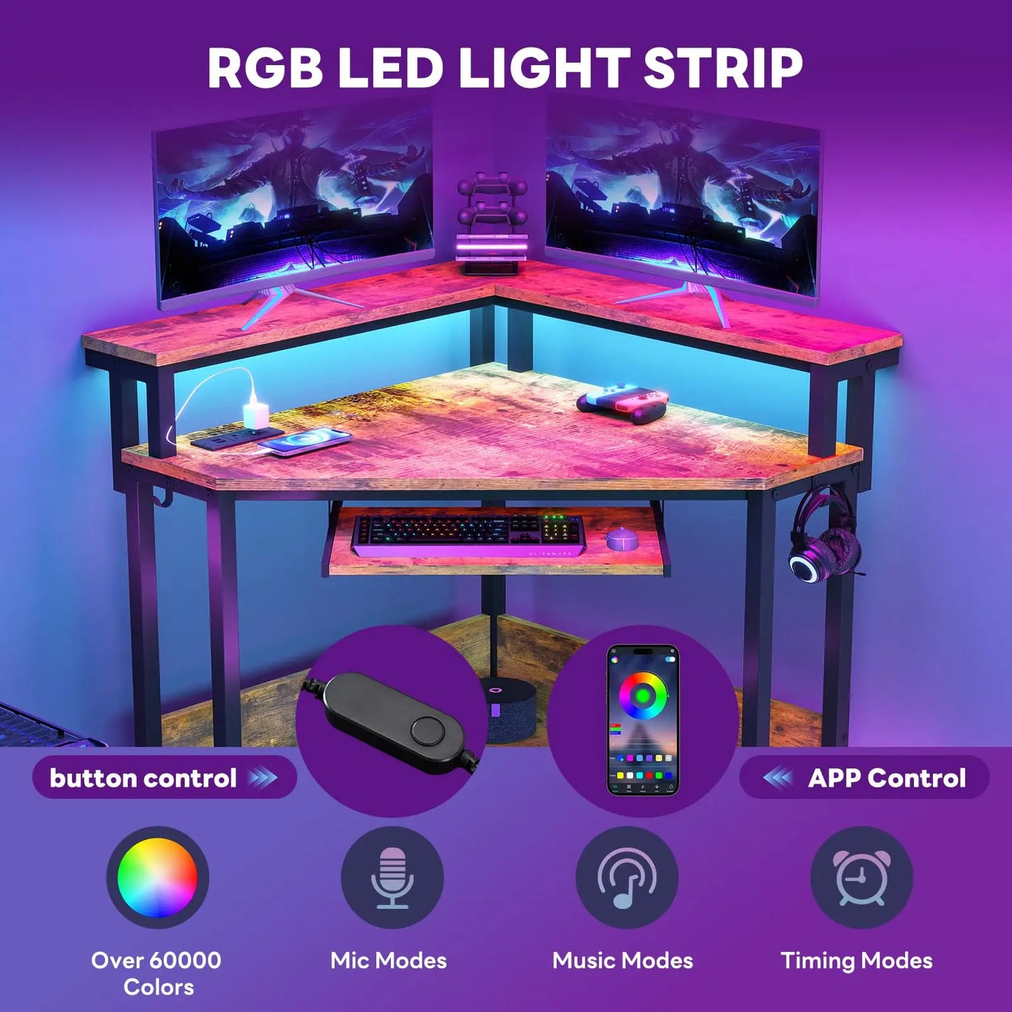 JHK Corner Desk Office Computer Desk for Small Space with LED Lights Gaming Table with Storage Shelves Power Outlets For Home