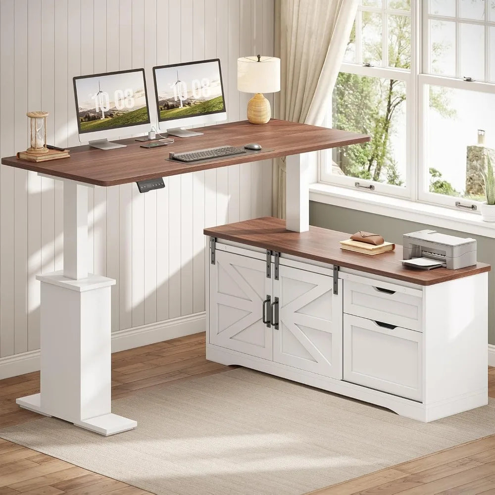 Farmhouse L Shaped Standing Desk, 55 inch Height Adjustable Corner Desk with Storage Drawers, Standing Computer Desks with