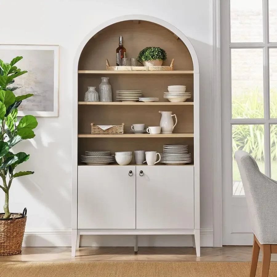 Nolan Tall Arched Storage Display Cabinet in Ivory 74 Inch Arch Bookshelf with Open and Closed Shelving Modern Accent Cabinet f