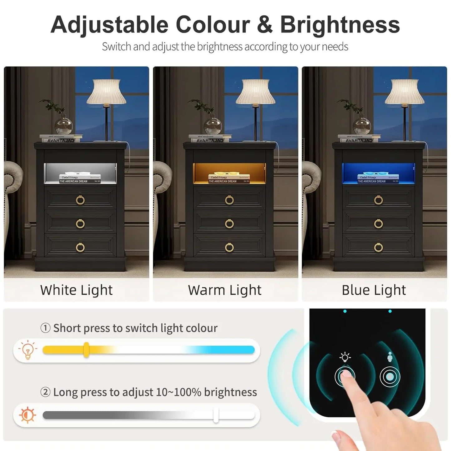 Farmhouse Nightstand Set 2 with Gun Drawer,Bedside Table with Charging Station and Human Body Senor,3 LED Lights, Customized