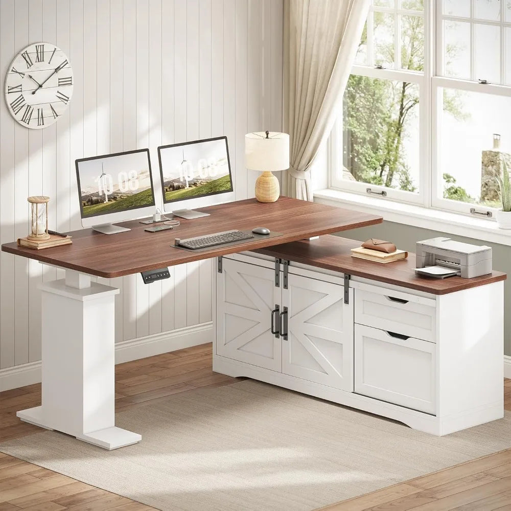 Farmhouse L Shaped Standing Desk, 55 inch Height Adjustable Corner Desk with Storage Drawers, Standing Computer Desks with