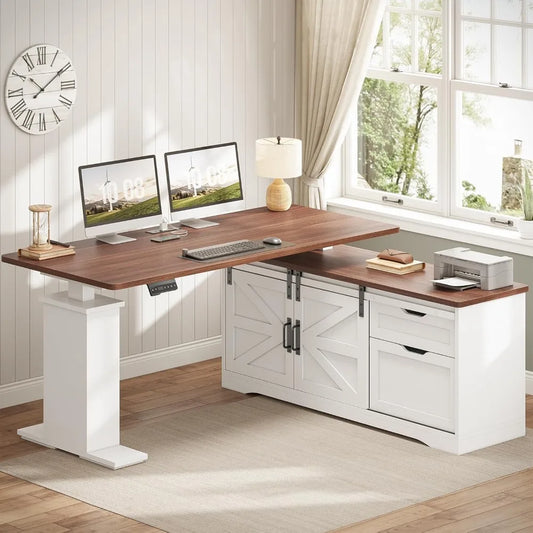Farmhouse L Shaped Standing Desk, 55 inch Height Adjustable Corner Desk with Storage Drawers, Standing Computer Desks with