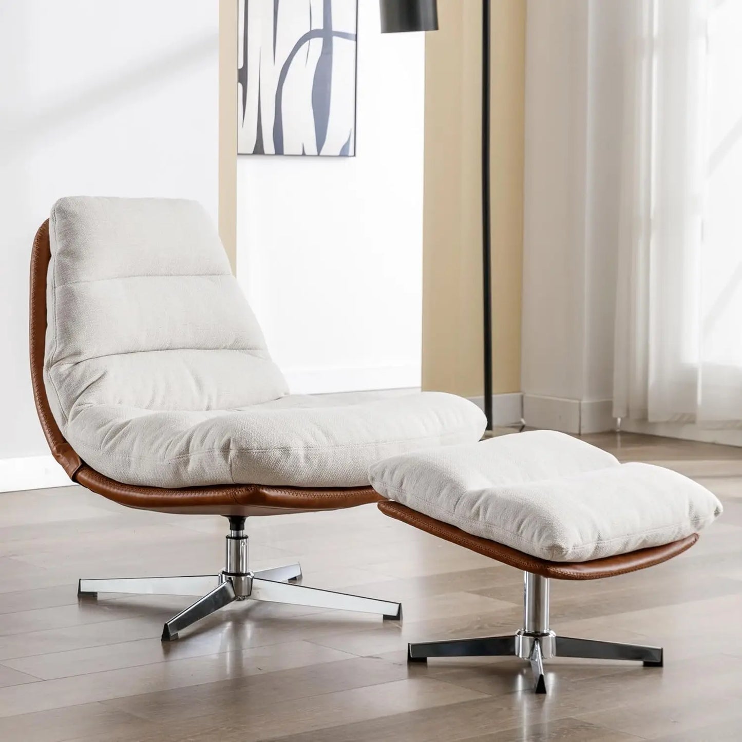 Swivel Accent Chair with Ottoman, Mid Century Modern Faux Leather Lounge Chair with footrest, Comfy Oversized, Customized