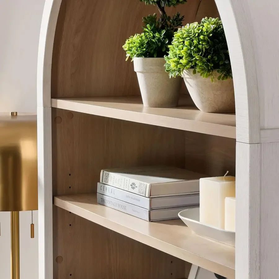 Nolan Tall Arched Storage Display Cabinet in Ivory 74 Inch Arch Bookshelf with Open and Closed Shelving Modern Accent Cabinet f