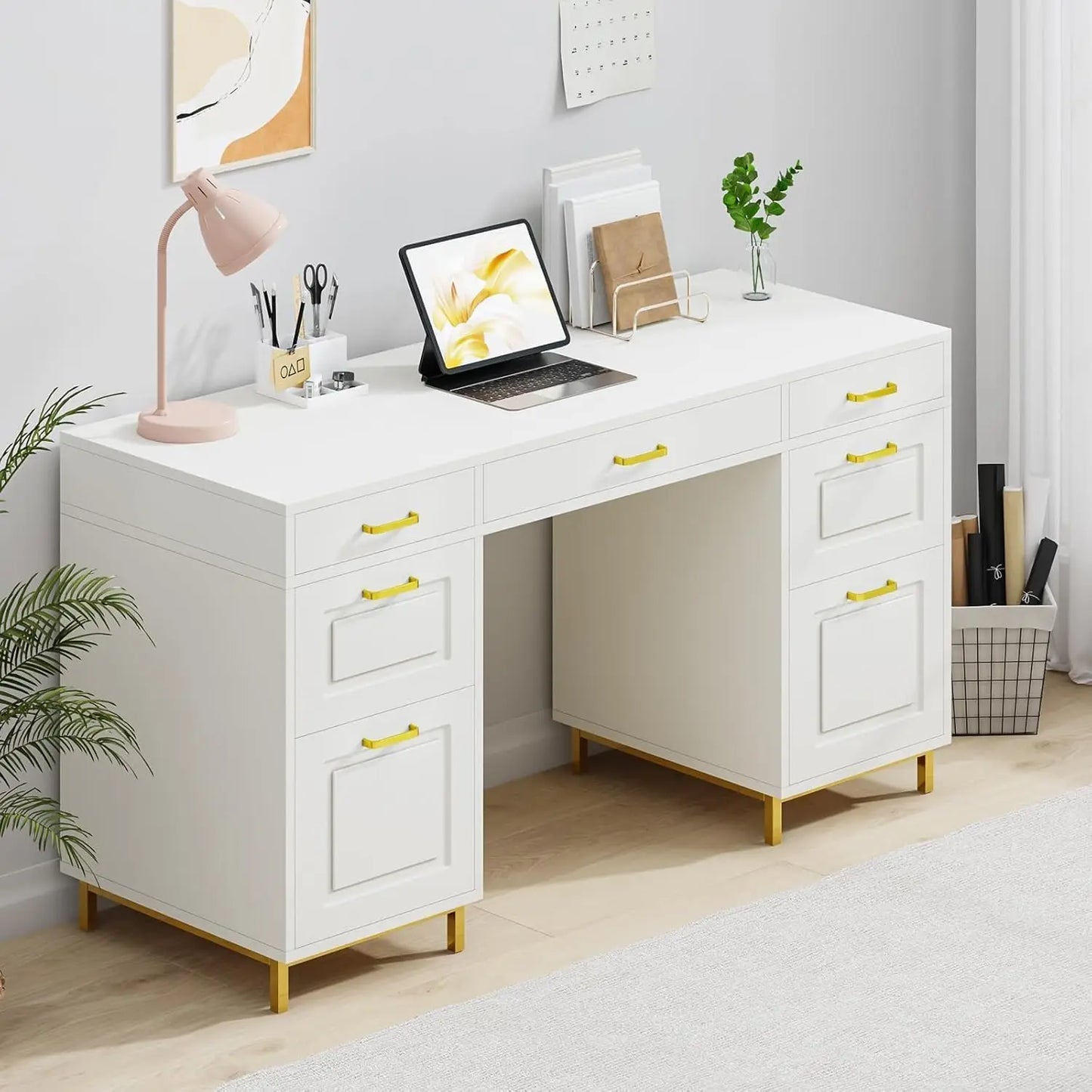 White and Gold Desk with 2 File Drawers, 57 Inch Office Computer Desk with 7 Drawers, White Desk with Storage,Customized