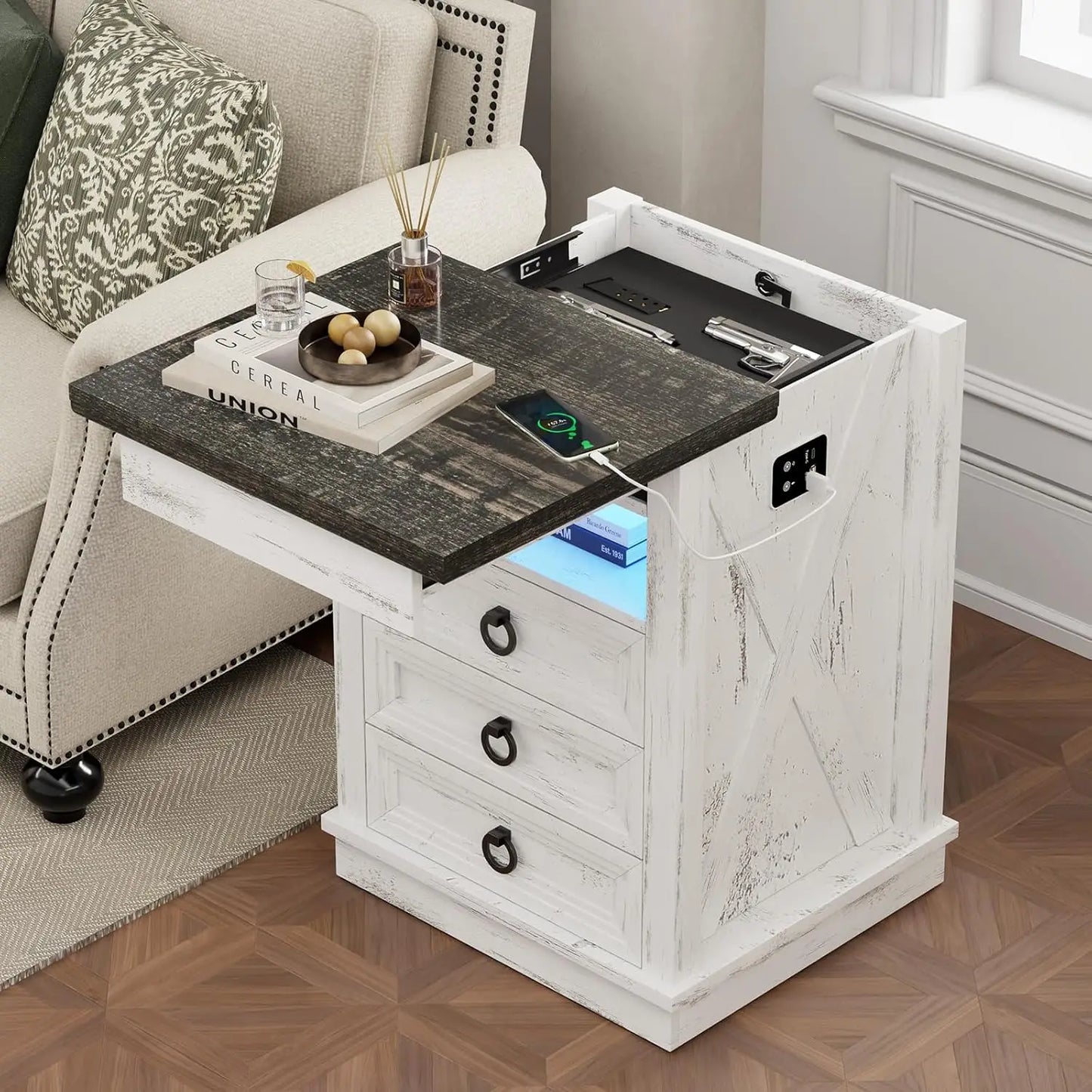Farmhouse Nightstand Set 2 with Gun Drawer,Bedside Table with Charging Station and Human Body Senor,3 LED Lights, Customized