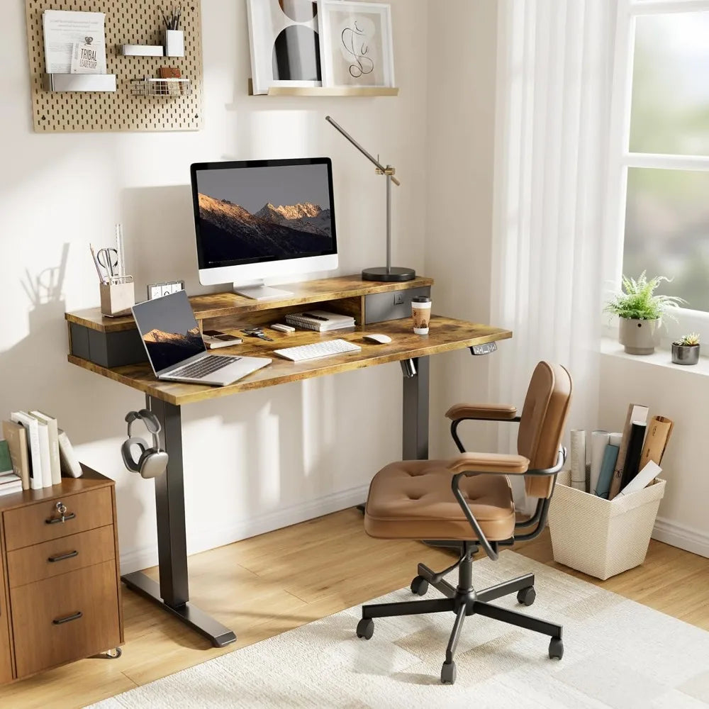 55x24 Inches Electric Standing Desk with 2 Drawers, Adjustable Height, Sit Stand Computer Table, Rustic Brown