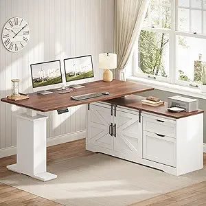 Farmhouse L Shaped Standing Desk, 55 inch Height Adjustable Corner Desk with Storage Drawers, Standing Computer Desks with