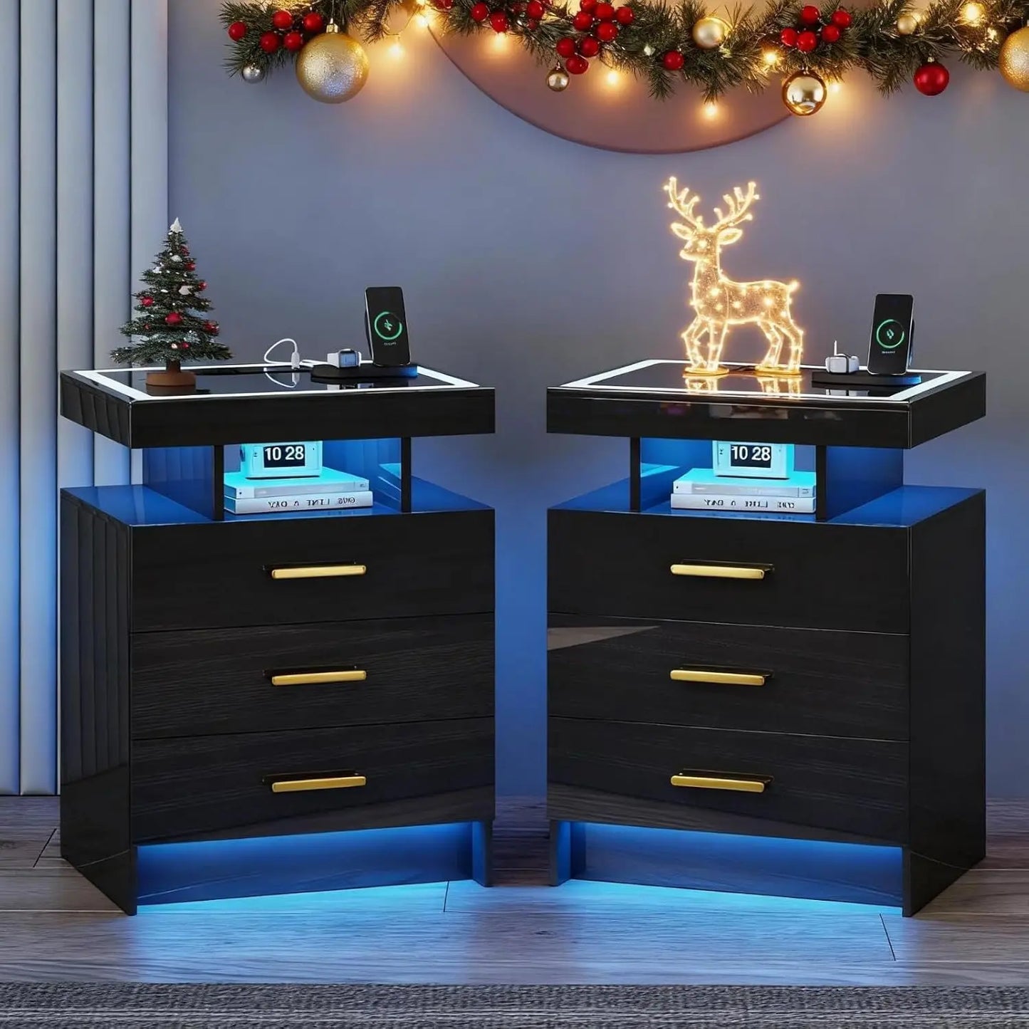 Black Night Stand Set 2 with Wireless Charging Station,Smart Bedside Table with 3 Drawers,Modern Glass Top End Side, Customized