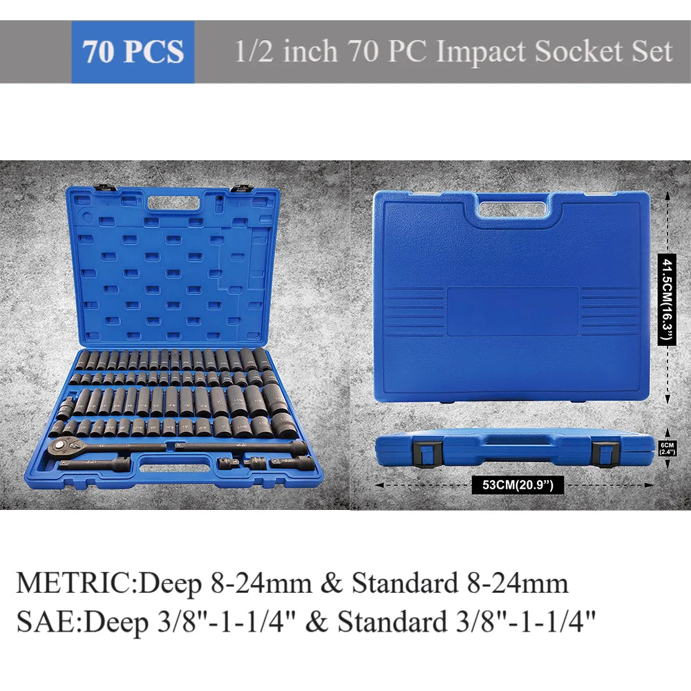 70-Piece 1/2 inch SAE and Metric Impact Socket Set, Professional Deep And Standard Impact Socket Set
