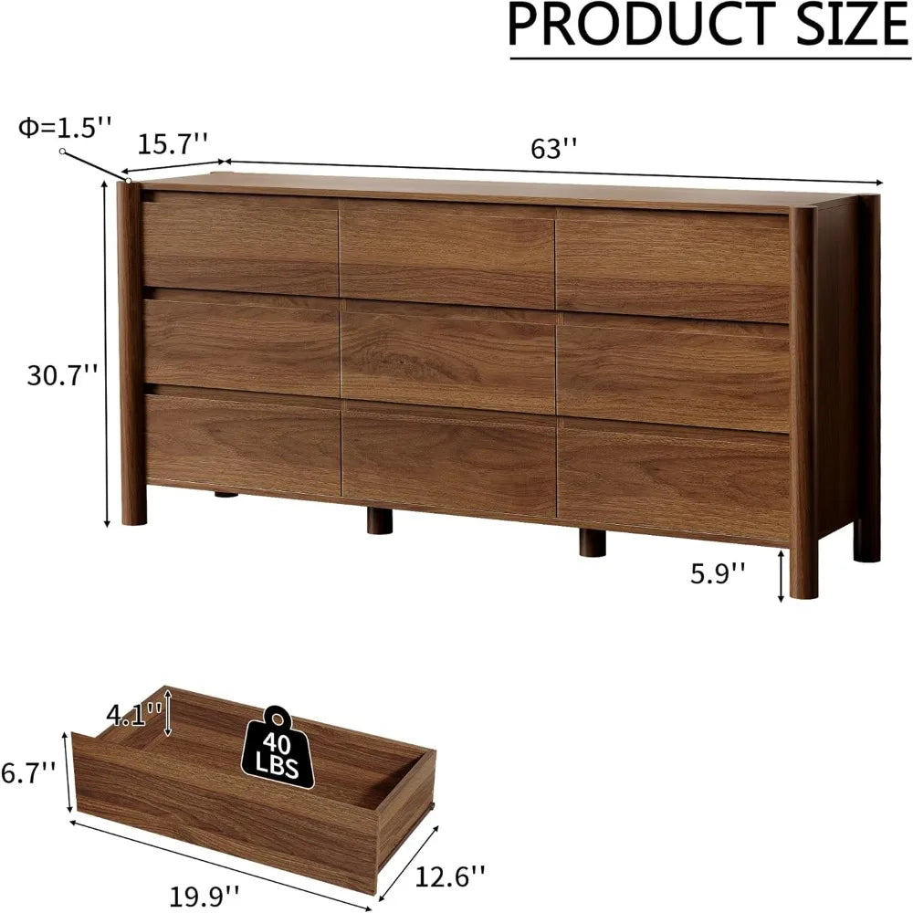 63" Wide 9-Drawer Dresser, Mid-Century Modern Walnut Chest with Solid Wood Legs, Large Storage Organizer