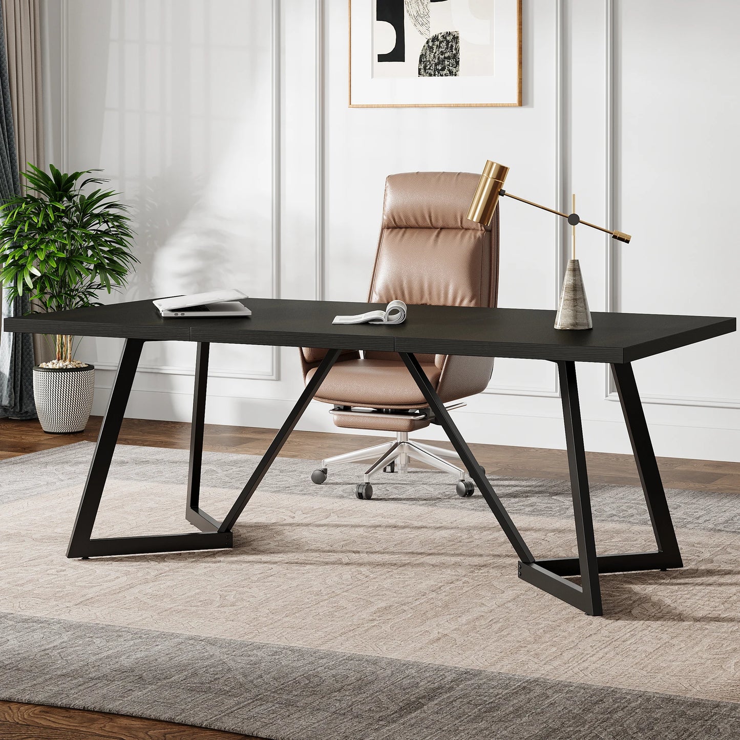 Tribesigns 180cm Large Executive Desk, Modern Black Office Desk with Metal Frame, Study Writing Table