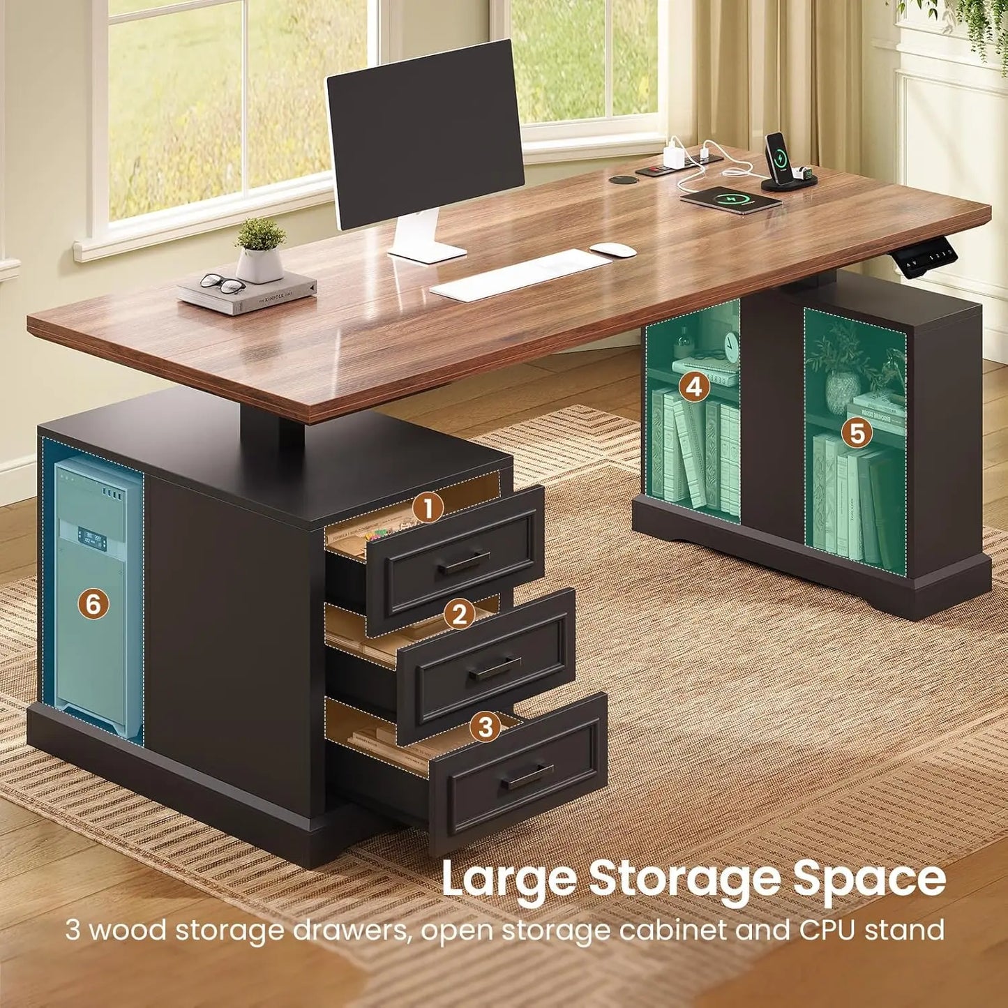 Farmhouse Electric Standing Desk, 63" Height Adjustable Computer Desk with 3 Drawers, Storage Shelves, Power Outlets, Wood Home