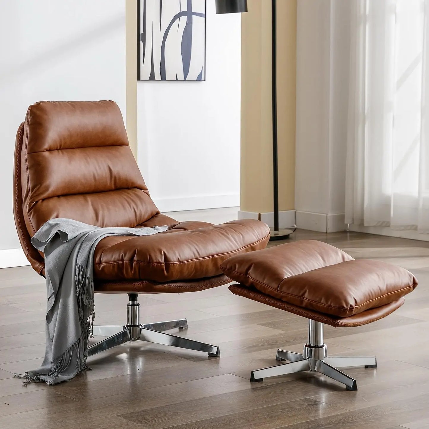 Swivel Accent Chair with Ottoman, Mid Century Modern Faux Leather Lounge Chair with footrest, Comfy Oversized, Customized