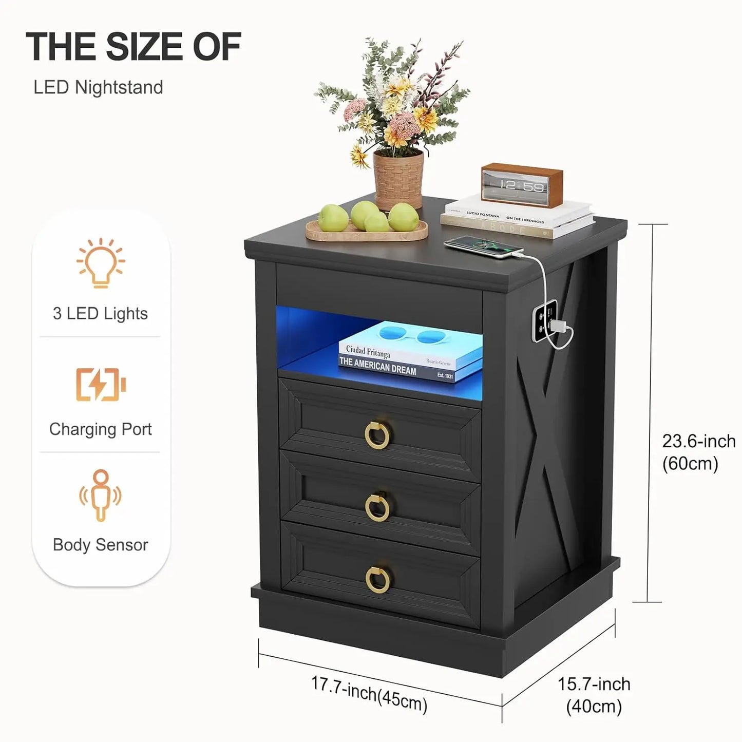 Farmhouse Nightstand Set 2 with Gun Drawer,Bedside Table with Charging Station and Human Body Senor,3 LED Lights, Customized