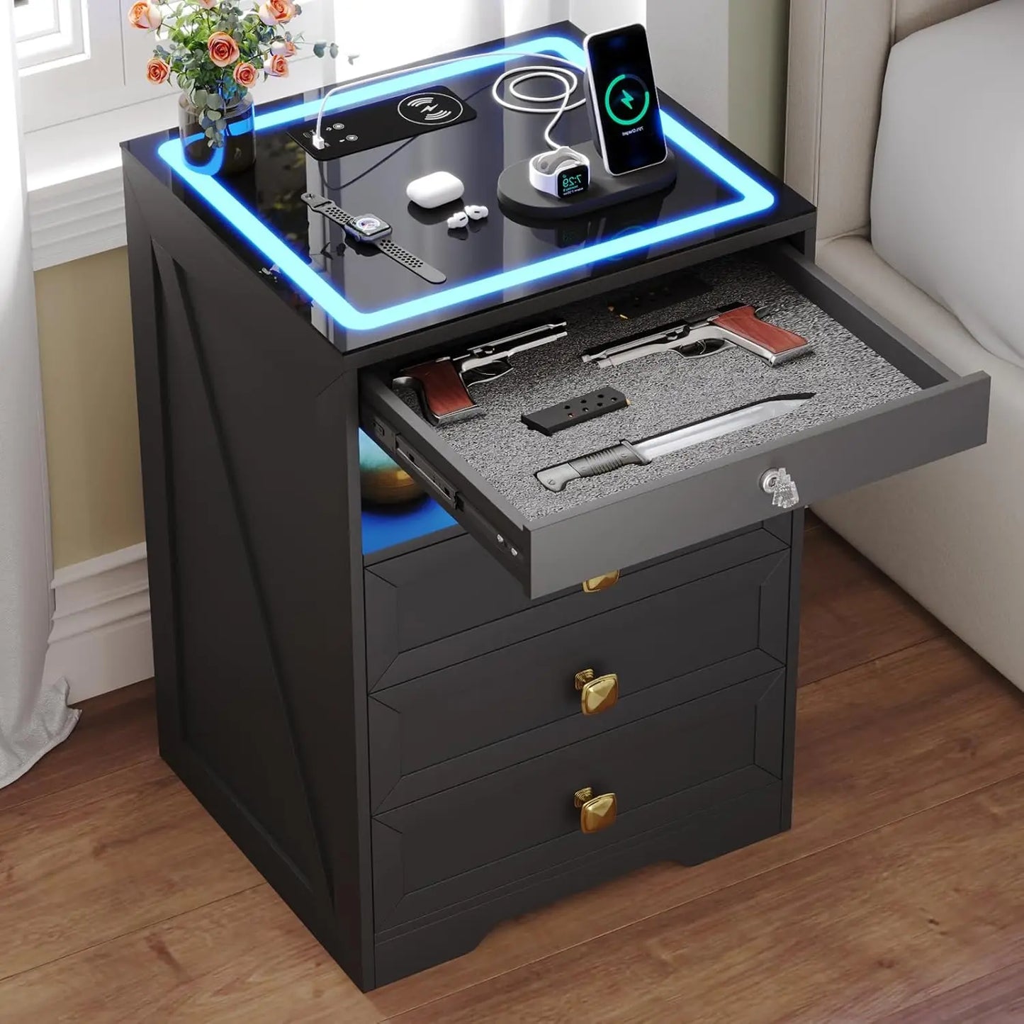 Farmhouse Nightstand Set 2 with Gun Drawer,Bedside Table with Charging Station and Human Body Senor,3 LED Lights, Customized