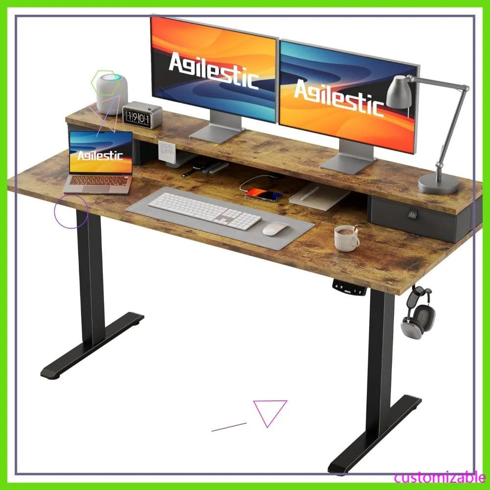 55x24 Inches Electric Standing Desk with 2 Drawers, Adjustable Height, Sit Stand Computer Table, Rustic Brown